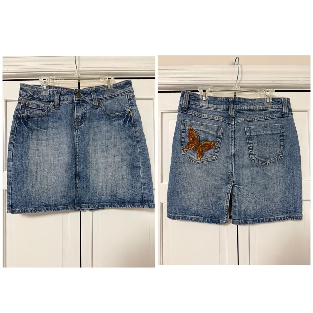 Y2K No Boundaries Light Blue Denim Skirt with Red  Embroidered Butterfly